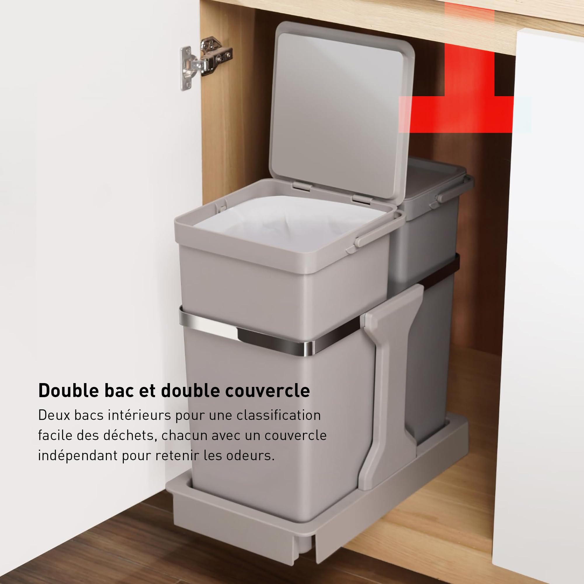 EKO Poubelle Cuisine Double Tri 2 Compartiments 20L + 15L Extractible | sous Évier avec Rails Coulissants | Fermeture Silencieuse Compact Double