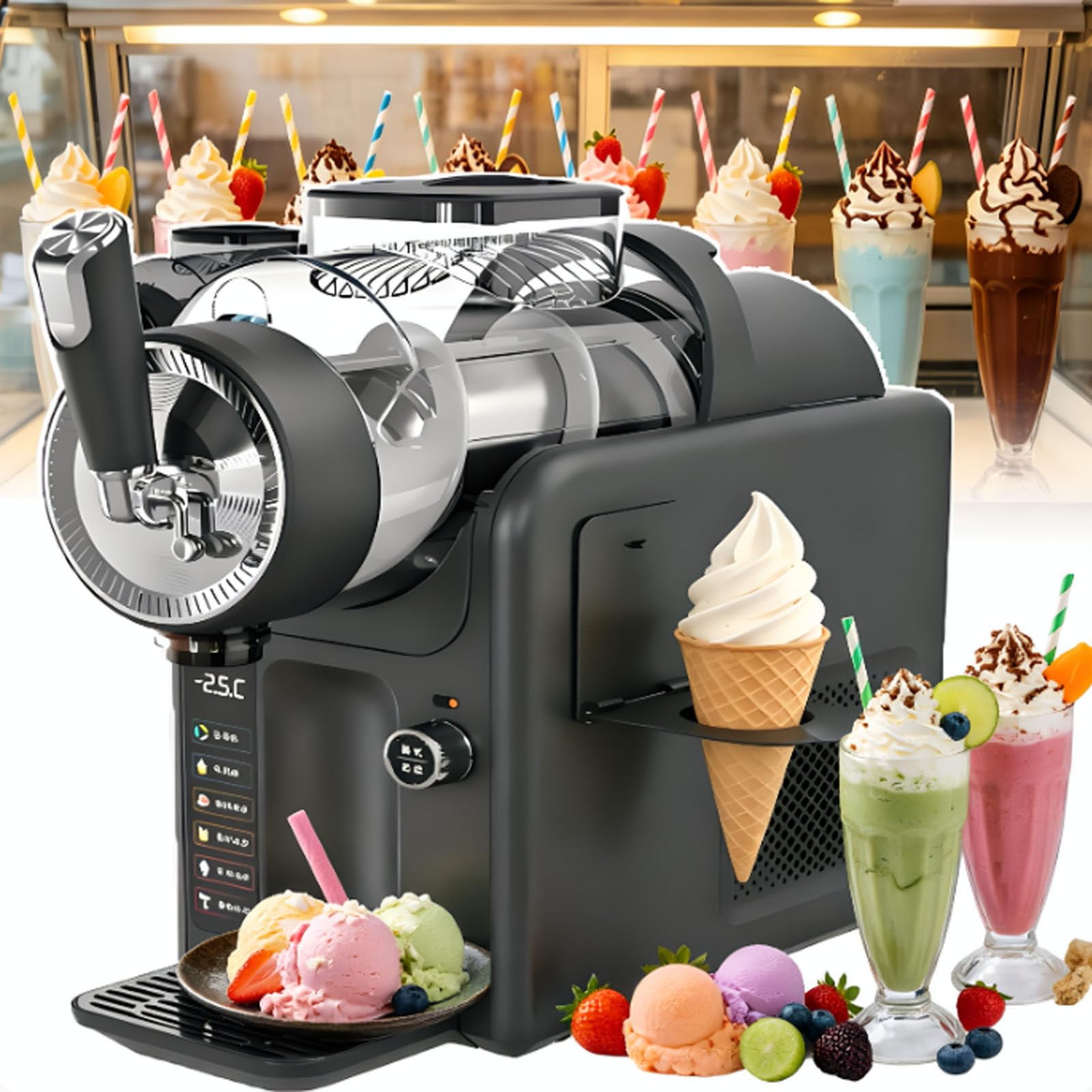 smafoseedding Commercial Slushy Maker Machine,185w Slushy Machine For Slushies & Cold Drinks, 2000ml 5 In 1 Soft Serve Ice Cream Device With Automatic Clean, 12h Continuous Use For Food Trucks Black