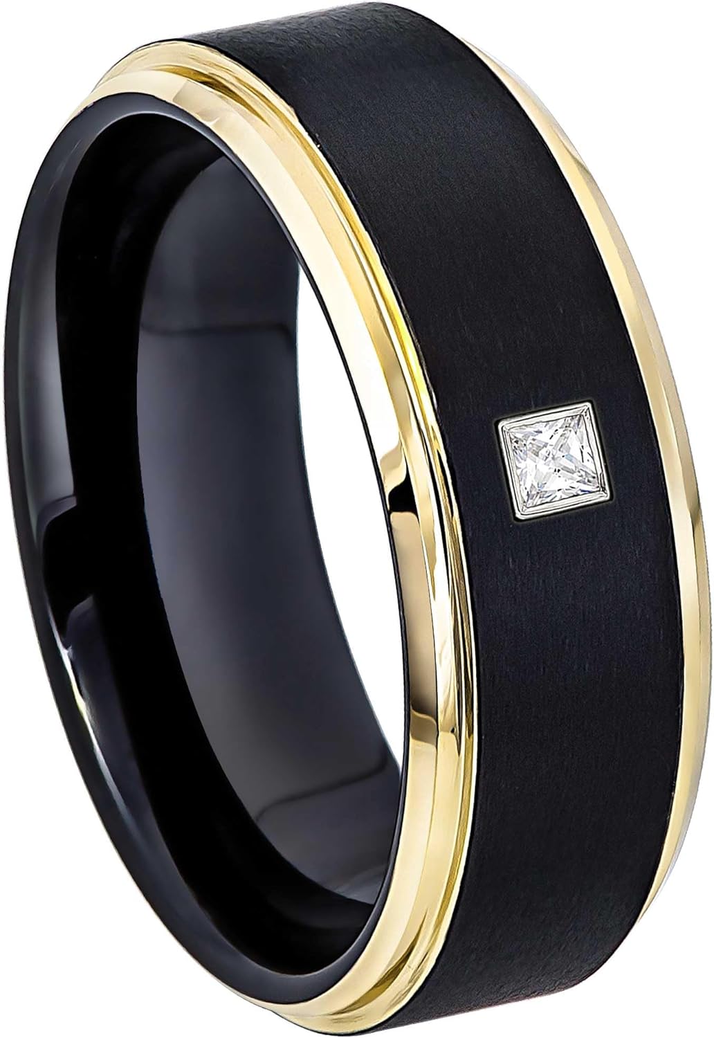 0.05ctw - 0.10ctw Princess Cut Diamond Cobalt Ring - Matte Black & Yellow Gold IP Stepped Edge Cobalt Mens Wedding Band - April Birthstone Ring