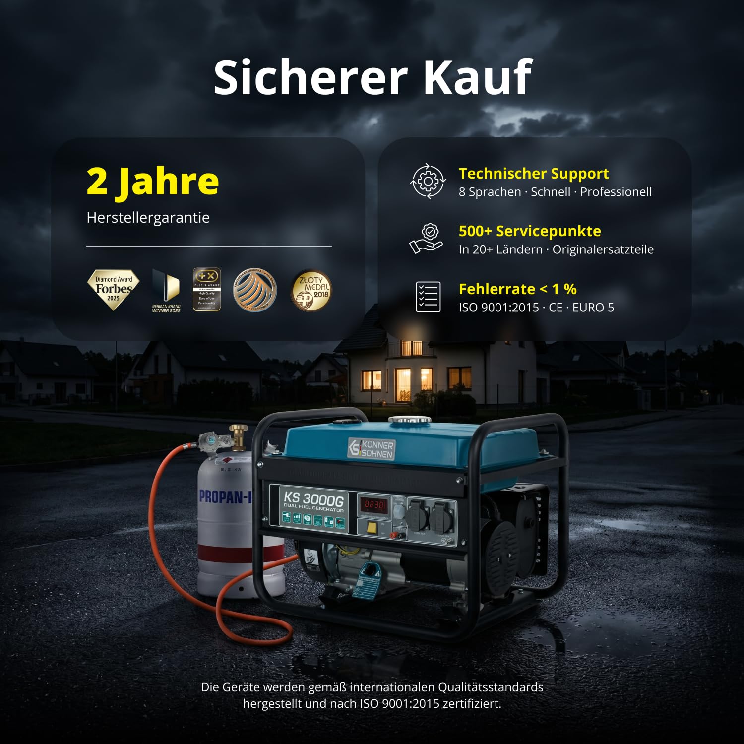 Könner & Söhnen KS 3000G - Hybrid Benzin-LPG 4-Takt Stromerzeuger, Kupfer Generatoren 3000 Watt, 16A, 230V, Generator für Kleinhaus, Garage oder Camping