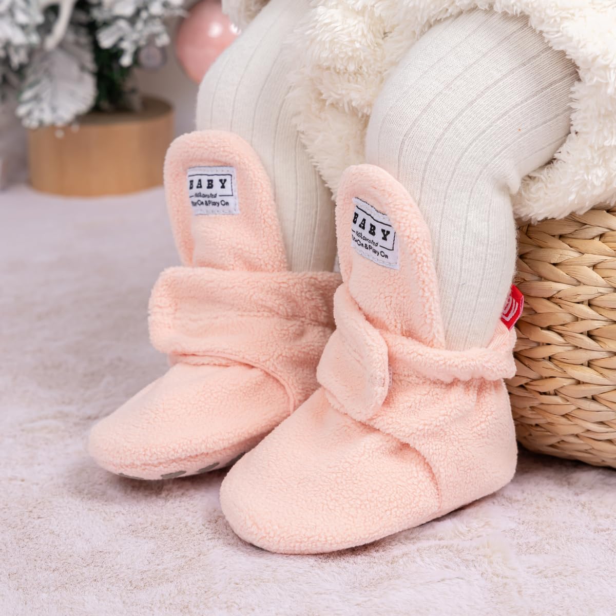 Babelvit Newborn Baby Boy Girl Soft Fleece Booties Stay On Infant Slippers Socks Shoe Non Skid Gripper Toddler First Walkers Winter Ankle Crib Shoes