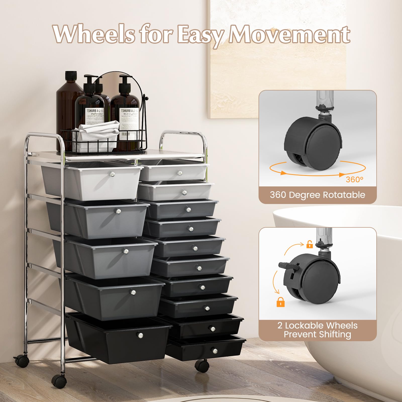RELAX4LIFE Carro de almacenamiento con 15 cajones, cajonera alta con 4 ruedas universales, armario móvil y ahorra espacio de gran capacidad, multiusos para cocina, baño y oficina (negro y gris 2)