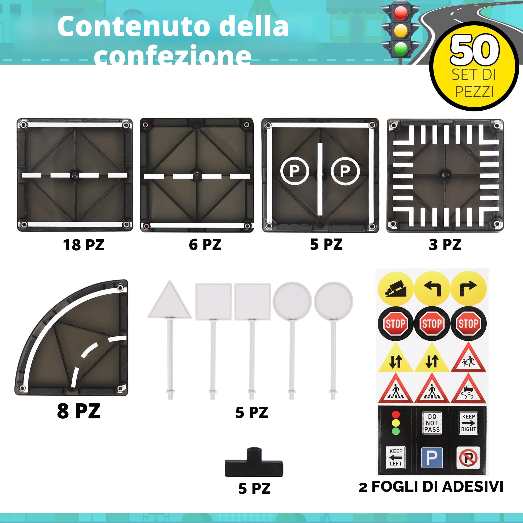 Playmags Set Magnetico da Strada con Piastrelle, 50 Pezzi, Giocattolo Educativo STEM, con Pista Auto, Mattoncini da Costruzione, Giocattolo Magnetico per Bambini, Sicuro dai 3 Anni in su