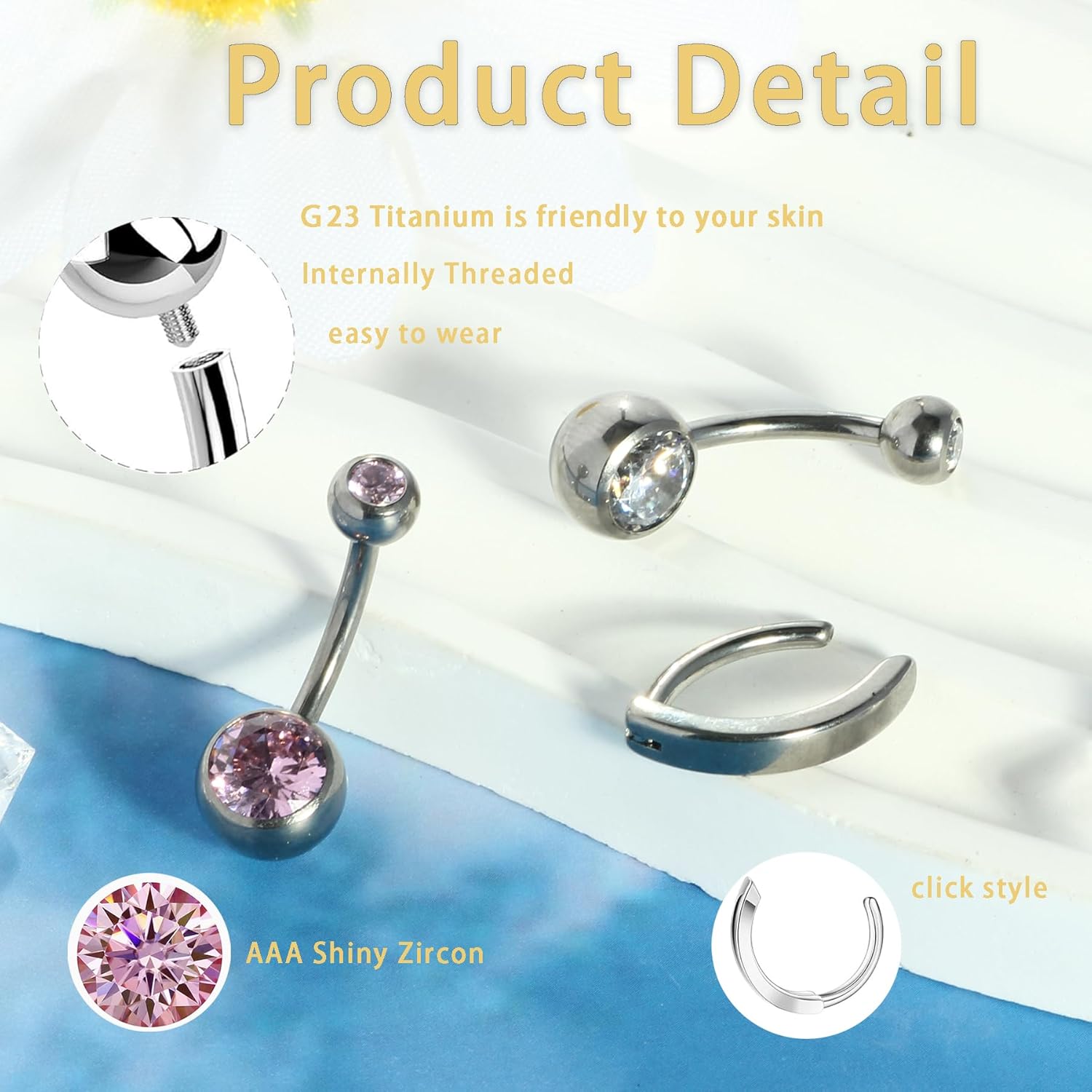 TIANCI FBYJS 3pcs G23 Titanium Pink Belly Button Rings Internally Threaded 10mm Clicker Reverse Curved Hoop Navel Barbell Piercing Jewelry CZ Belly Rings for Women Men - Image 4