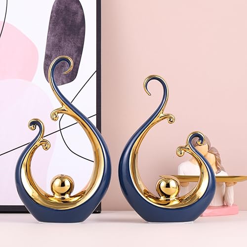 Miniatura 6 de Acento de decoración del hogar azul y dorado, 2 piezas, arte abstracto moderno, estatua y esculturas de decoración de cerámica, para decoración de