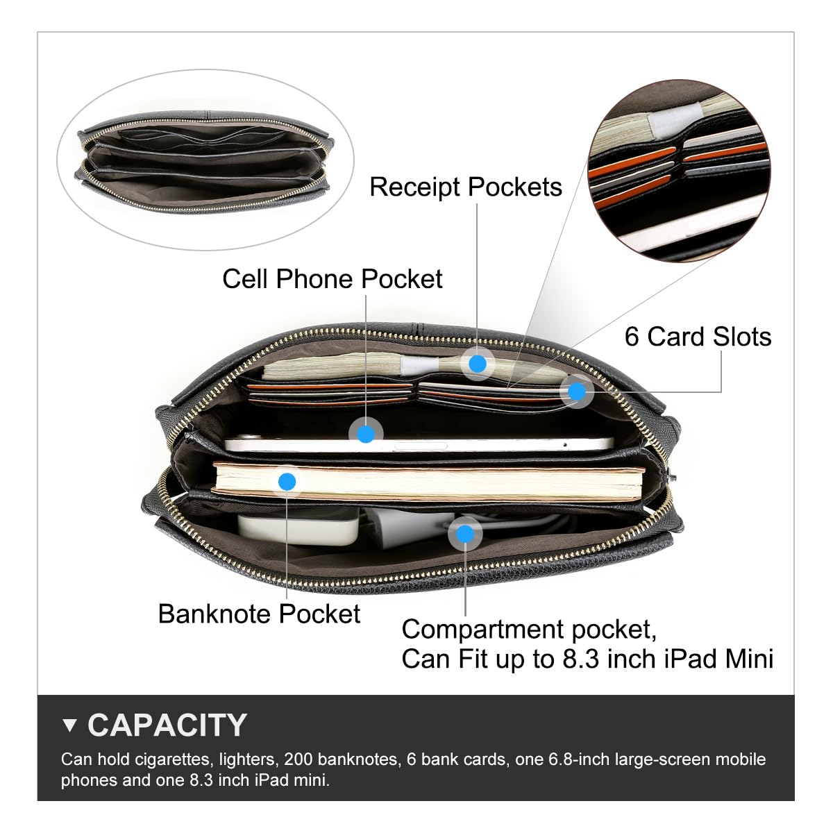 Contacts Herren Leder ID-Karte Organizer Kupplung, großer Anti-Diebstahl-Schutz für Reise und Reisepass, Telefonhalter, Handtasche mit Armband, Schwarz