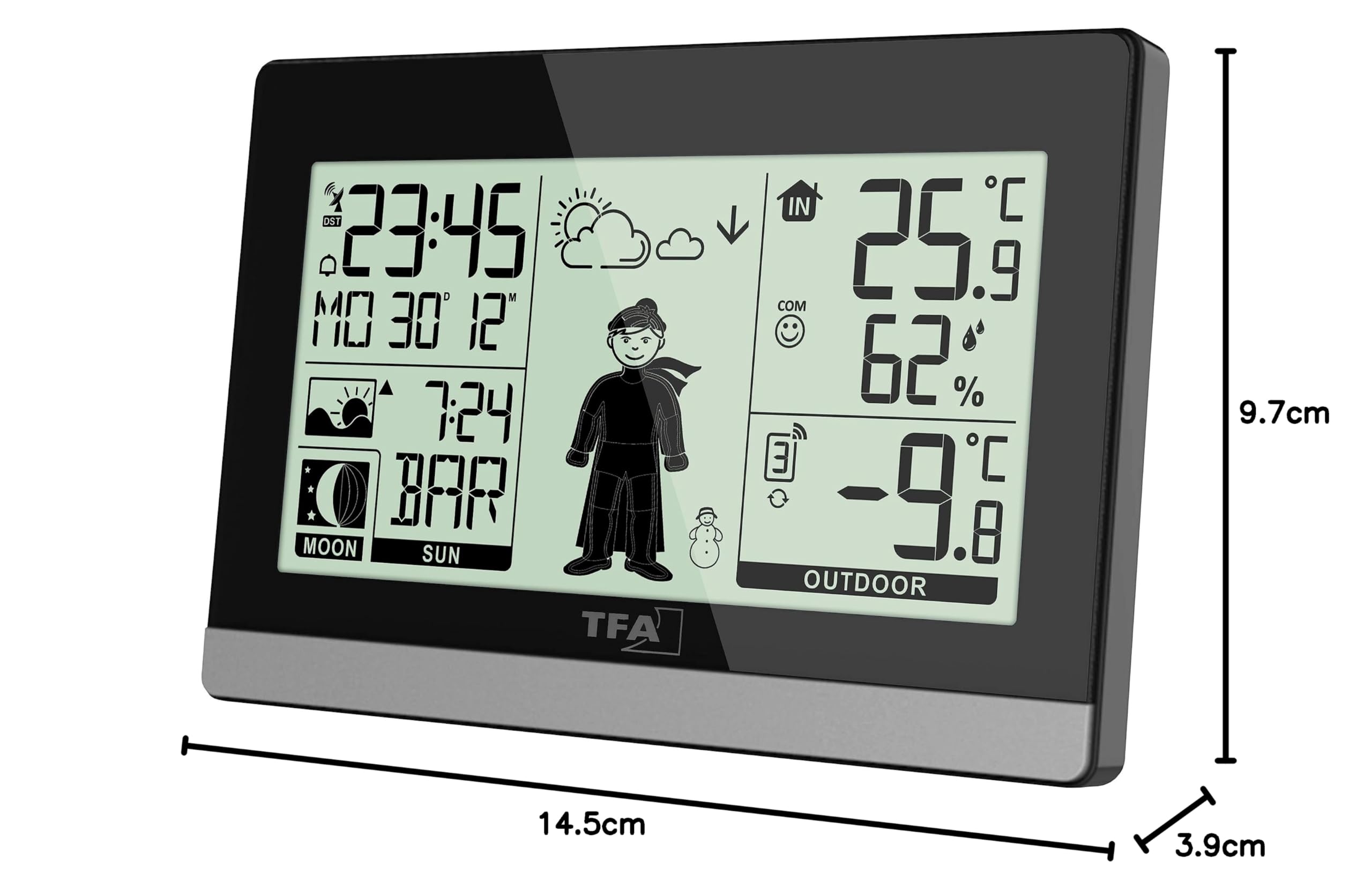 TFA Dostmann Station météo sans fil a pile Weather Boy, 35.1159.01, température extérieure/intérieure, prévisions météo, phase de lune/levers et couchers de soleil, noir