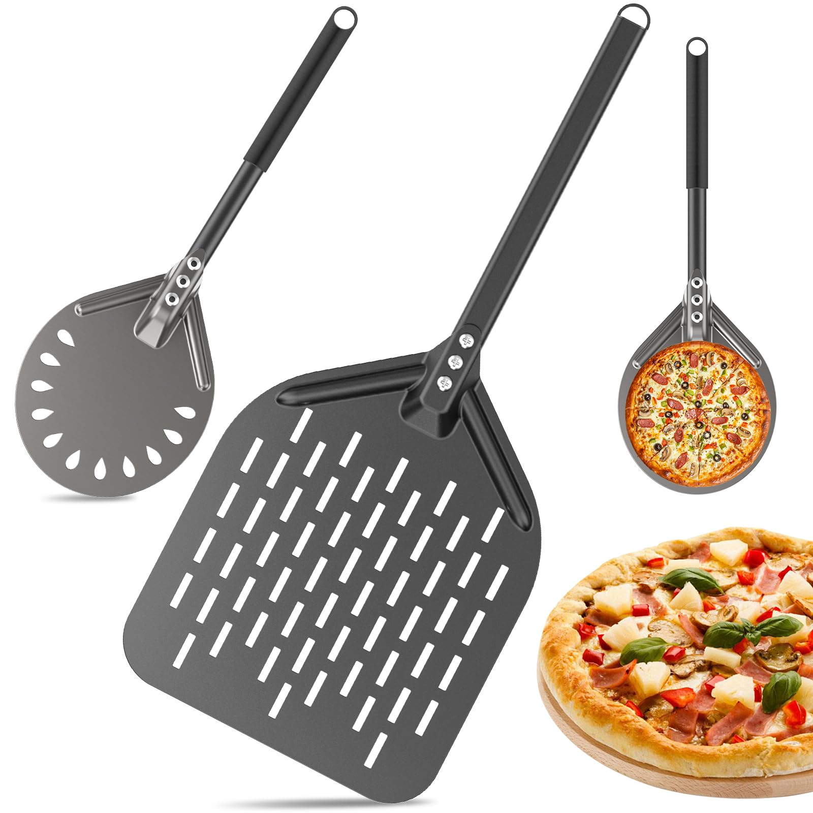 Pala Per Pizza Forata Da 12 Pollici E Una Palino Per Pizza Da 6 Pollici, Con Manici Staccabili, Realizzate In Alluminio Anodizzato Duro, Per Girare E Maneggiare Le Pizze Fatte In Casa