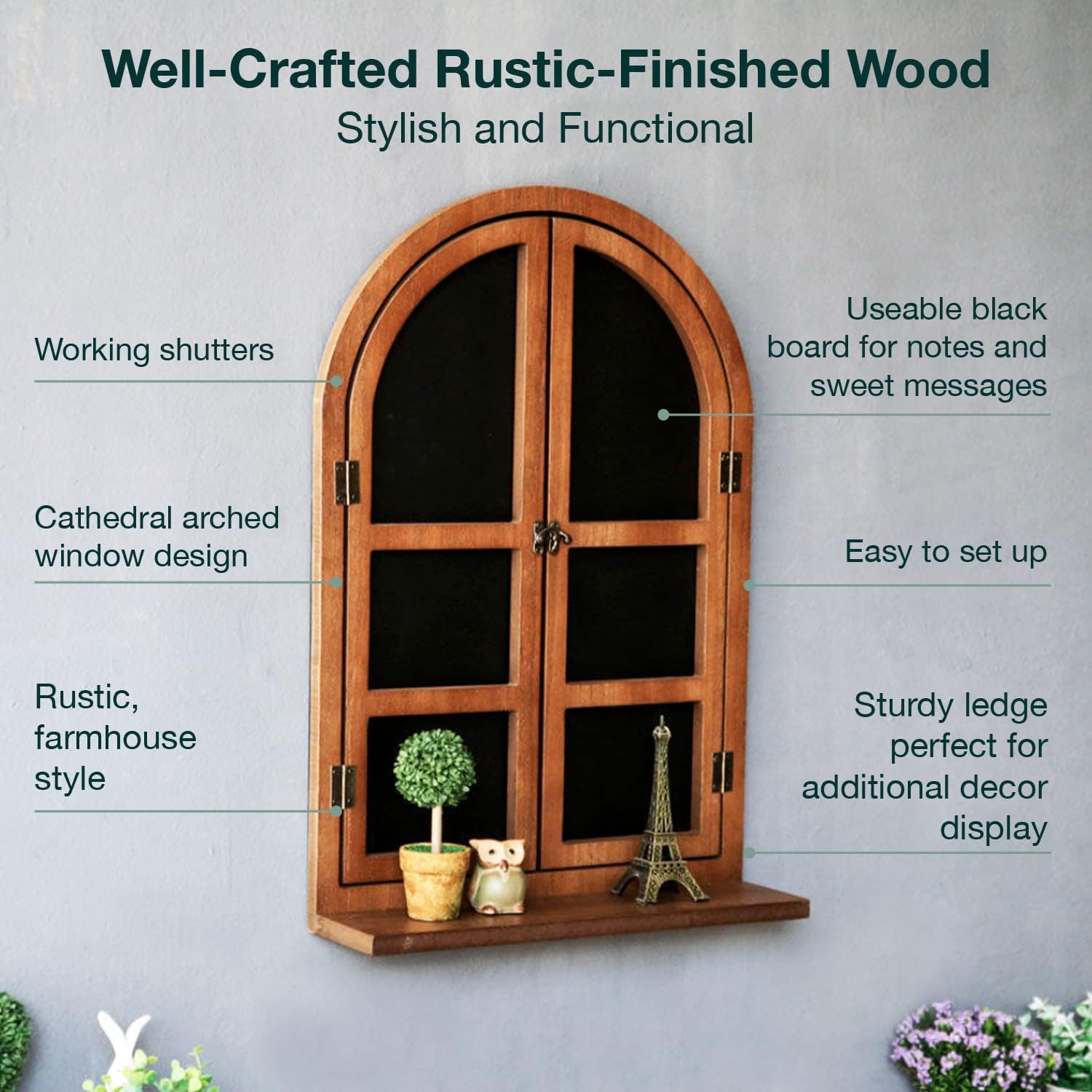 Rustic Arched Window Wood Frame Board - Farmhouse Style Frame Wall Decor w/Window Sill & Shutters - Faux Wall Window Decoration for Home, Restaurant, Cafe - Wooden Cathedral Arch Window w Chalkboard