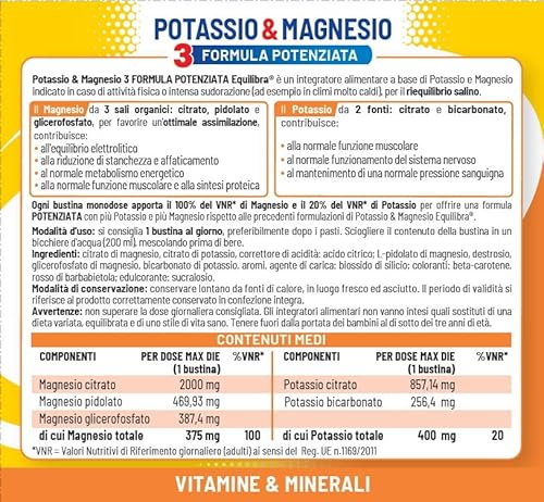 Equilibra Integratori Alimentari, Potassio e Magnesio 3 Formula Potenziata, Integratore Magnesio e Potassio per Reintegro Sali Minerali, Gusto Arancia, Senza Glutine e Senza Lattosio, 40 Bustine - Immagine 1
