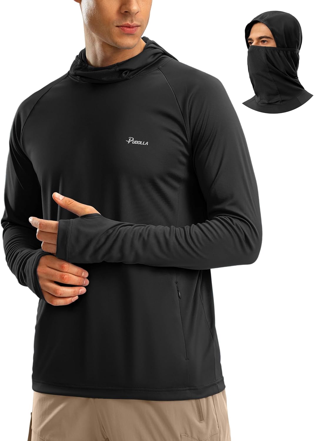 Pudolla Men's Sun Protection Hoodie UPF 50+ Fishing Hiking Shirt UV Shirts with Mask for Men Long Sleeve Lightweight