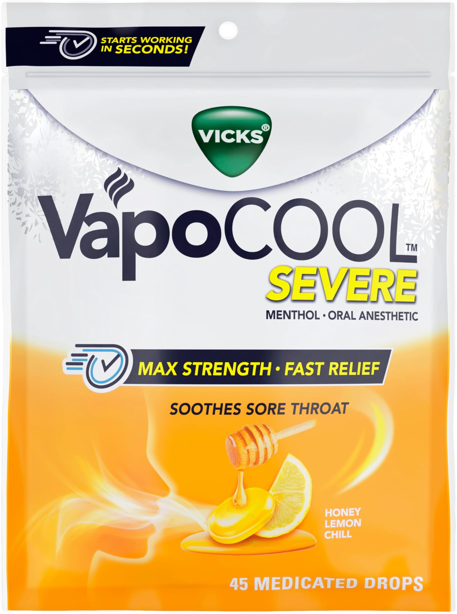 Vicks VapoCool Severe Medicated Sore Throat Drops, Max Strength Menthol, Soothes Sore Throat Pain, Honey Lemon Flavor, 45ct