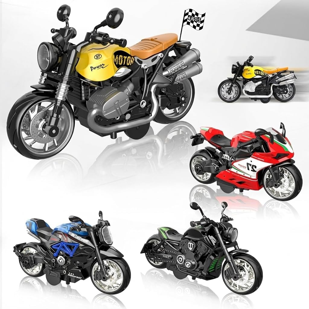 4 Pack Pull Back Motorcycles Die Cast Metal Toy Bikes for Kids 3+