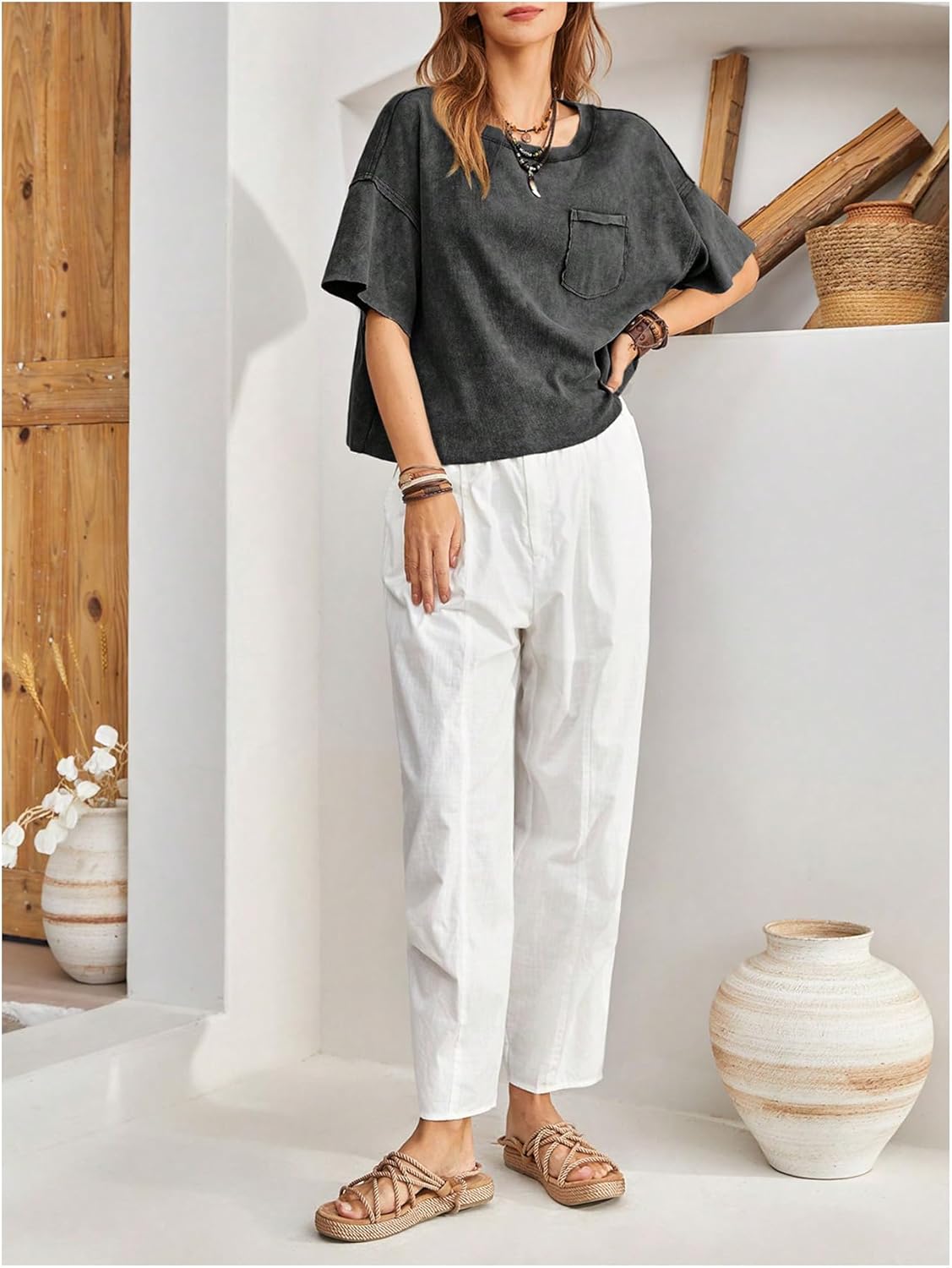 OYOANGLE Women's Vintage Oversized Half Sleeve T Shirts Drop Shoulder Summer Crop Top Streetwear - Image 5