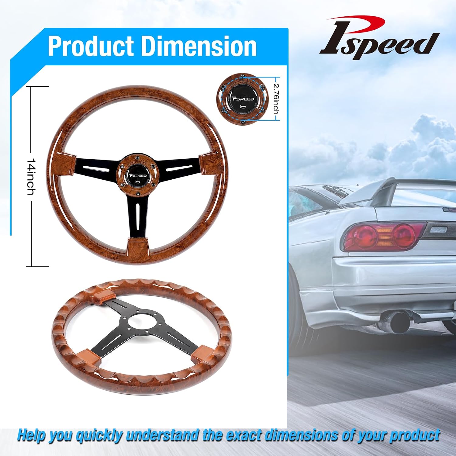 13.78 inch Wood Grain Steering Wheel, Matt 3 Spoke 6-Bolt,40mm Deep Dish