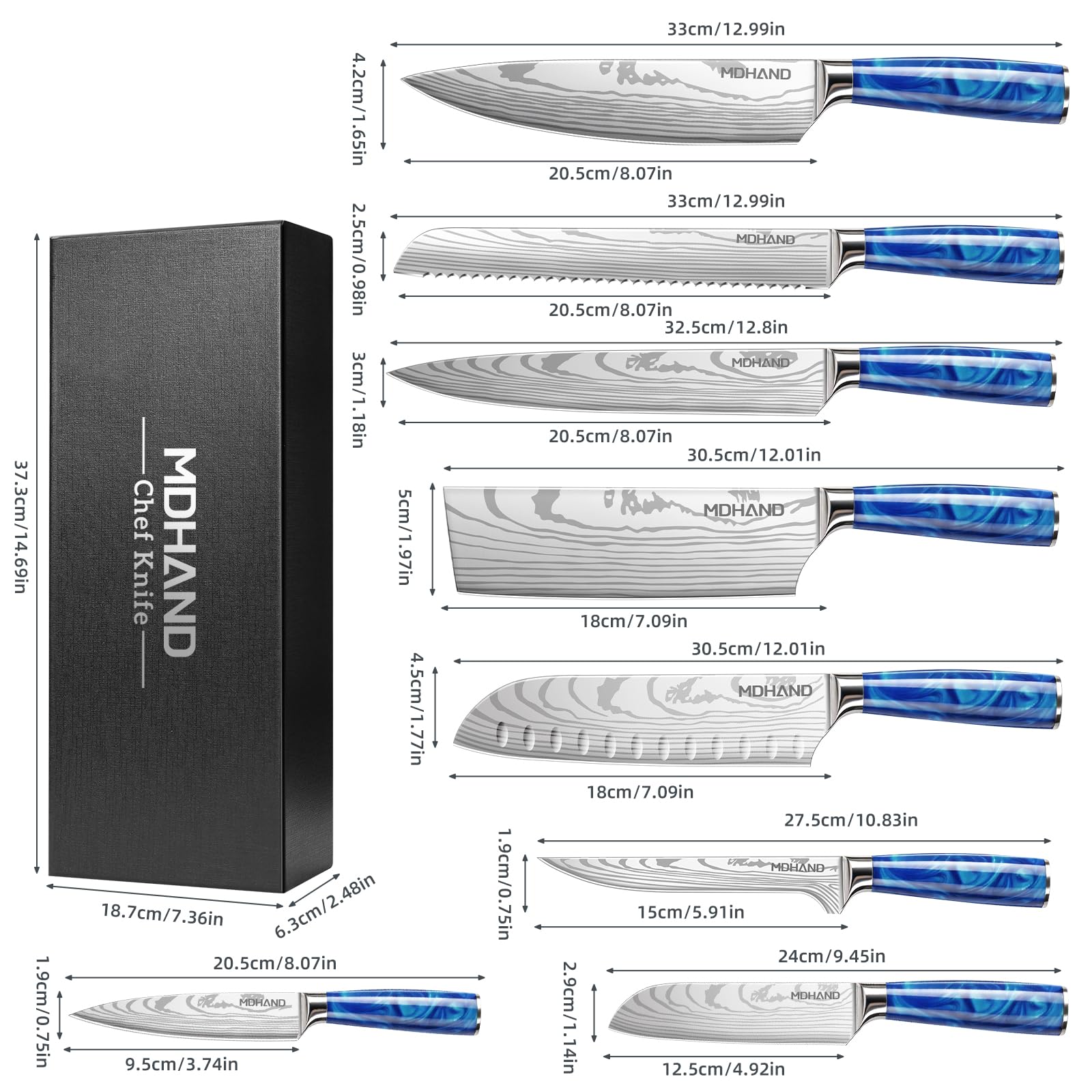 MDHAND Couteaux de Cuisine, Couteau Japonais Tranchant en acier inoxydable en plusieurs tailles avec Poignée confortable, Couteau de Chef Antirouille Cuisine et Cadeau Disponibles