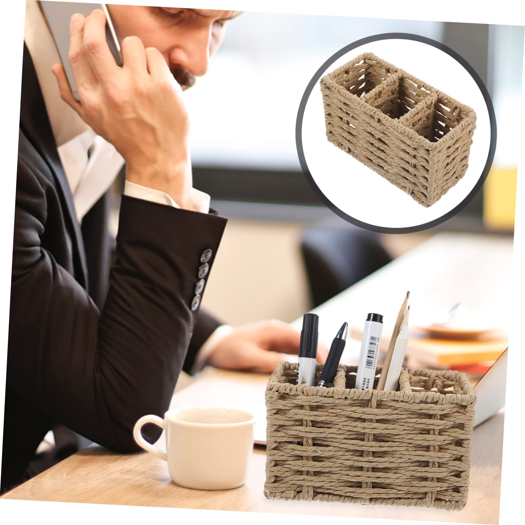 Cabilock Organizador De Utensilios De Cocina con Compartimentos Soporte De Cubiertos De Cuerda De Papel Beige Cesta Multifuncional para Mesa y Mostrador Almacenamiento Ligero y Compacto