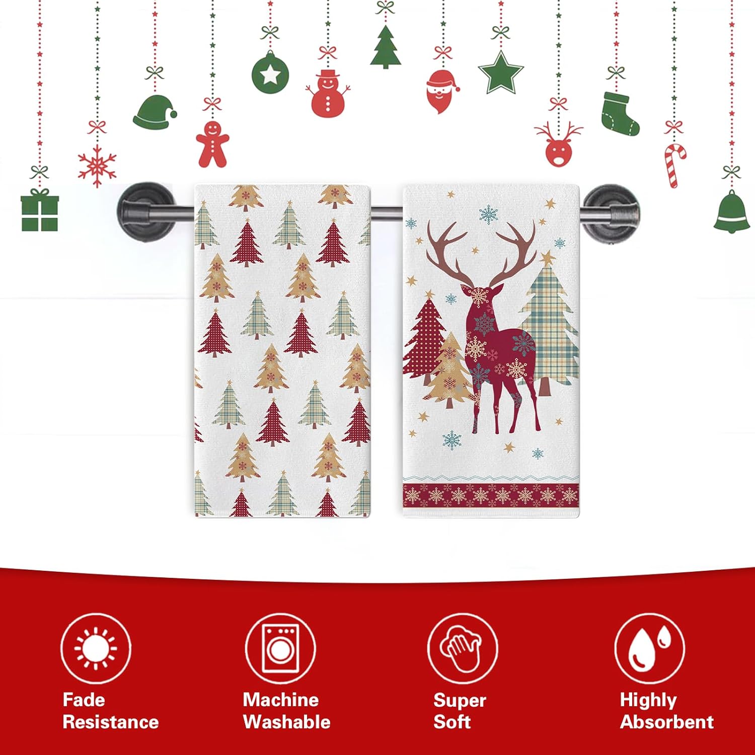 クリスマスツリー トナカイ キッチン ディッシュタオル 2枚セット クリスマス スノーフレーク バッファロー 格子柄 水玉 乾燥 ハ