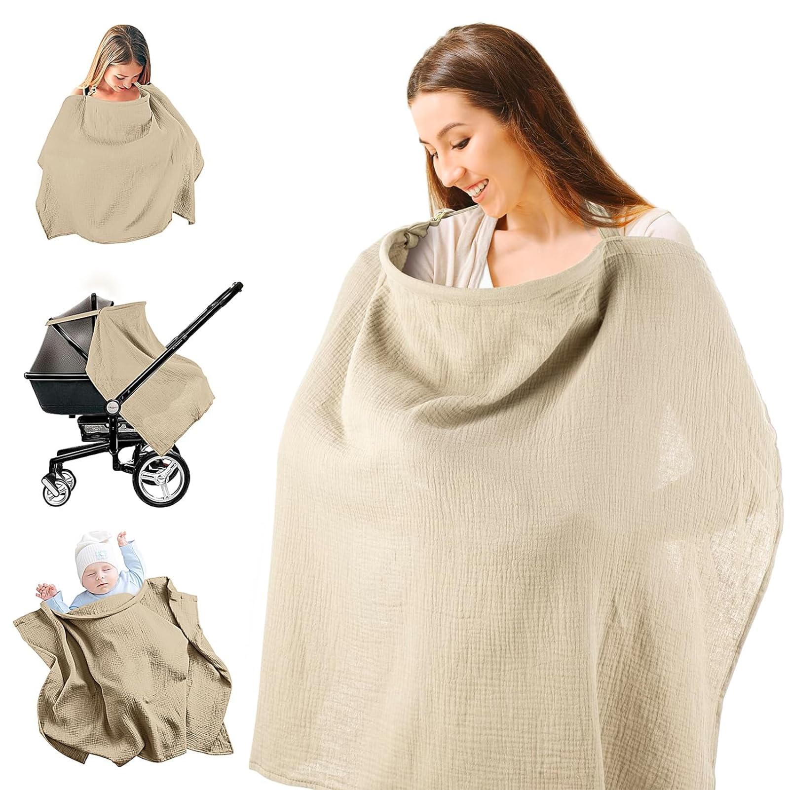 ANTOLE Nursing Cover,Cotton Breastfeeding Cover with Adjustable Strap,Breathable Privacy Nursing Covers with Rigid Hoop for Mother Nursing Apron (Khaki)