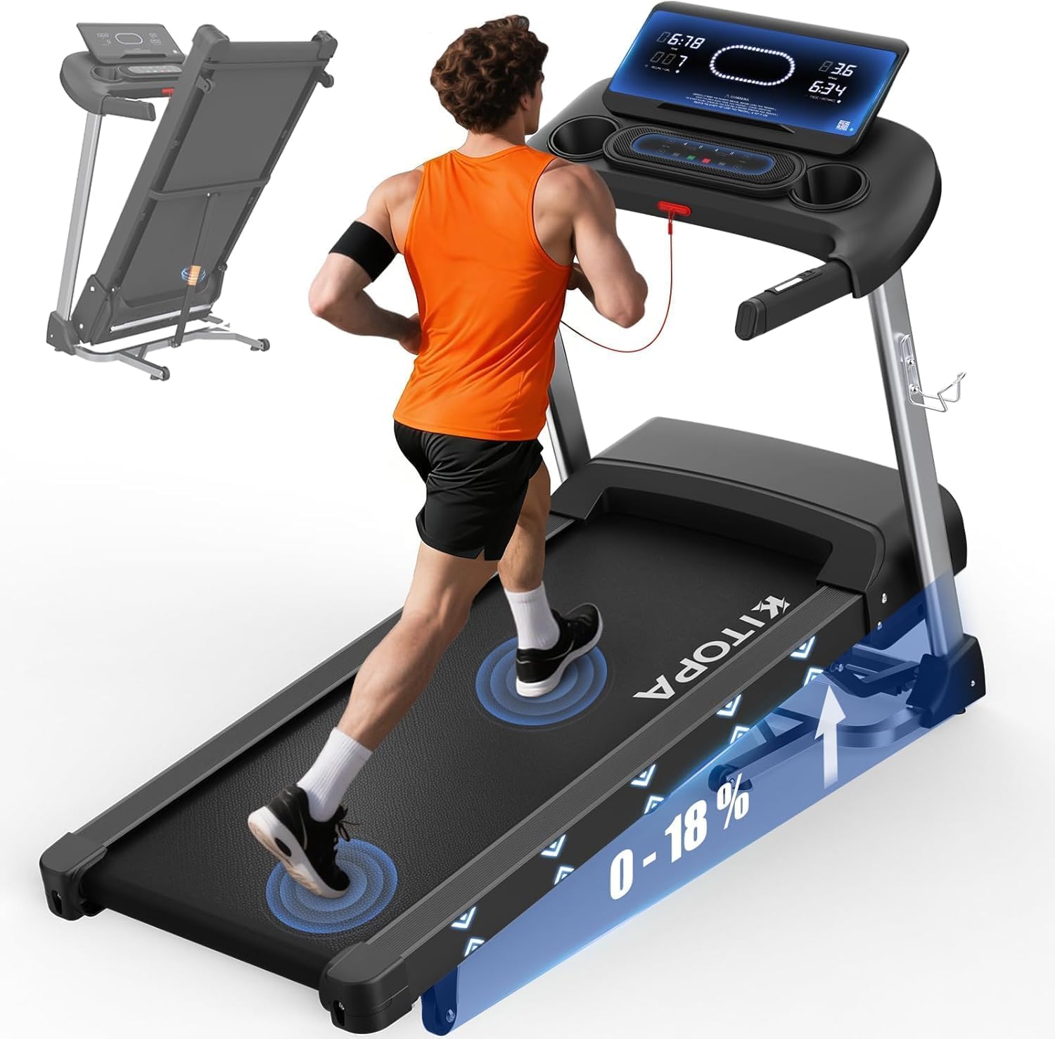 Kitopa Tapis de Course pour la Maison, Tapis de Course jusqu'à 7 CV et 20 km/h, Grande Surface de Course Professionnelle avec 18 inclinaisons, Tapis de Course Pliable avec écran LCD interactif et