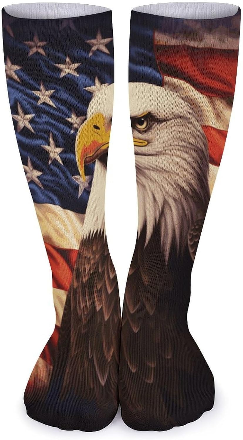 5 Pairs Knee High Socks USA Flag Eagle Long Tube Boot Seamless Toe