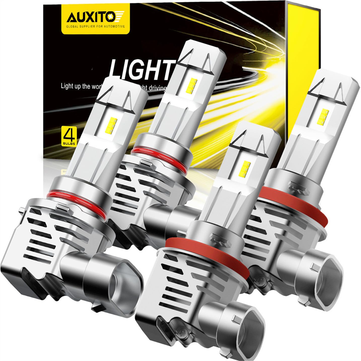 AUXITO 9005/H8/H9/HB3/H11 Light Bulbs, 6500K Cool White, 180,000LM Brighter, Plug-and-Play, Pack of 4