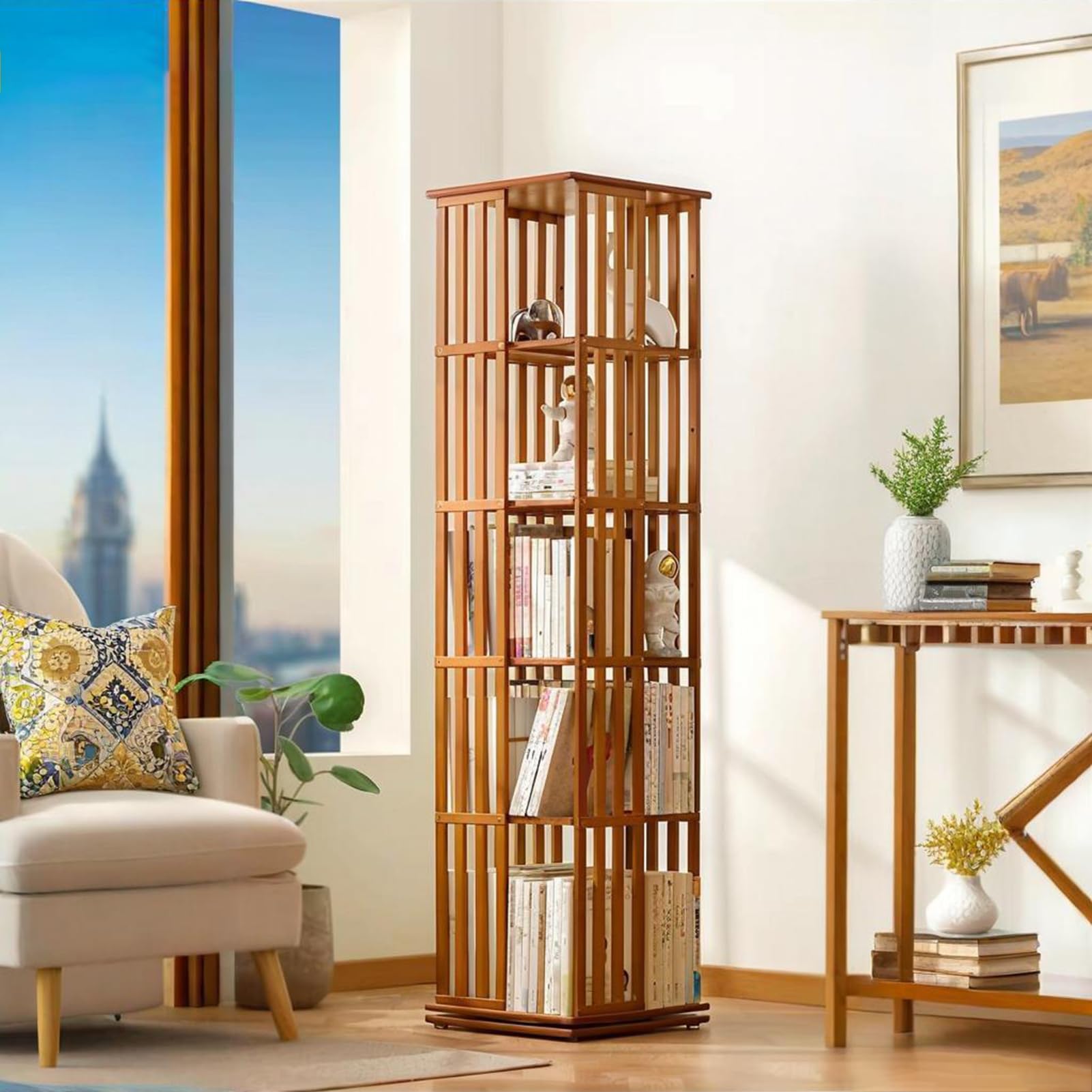 Drehbares Bücherregal aus Bambus – 5 Ebenen 360° Rotationsregal, platzsparendes Standregal für Schlafzimmer, Wohnzimmer & Arbeitszimmer (37x37x149cm)