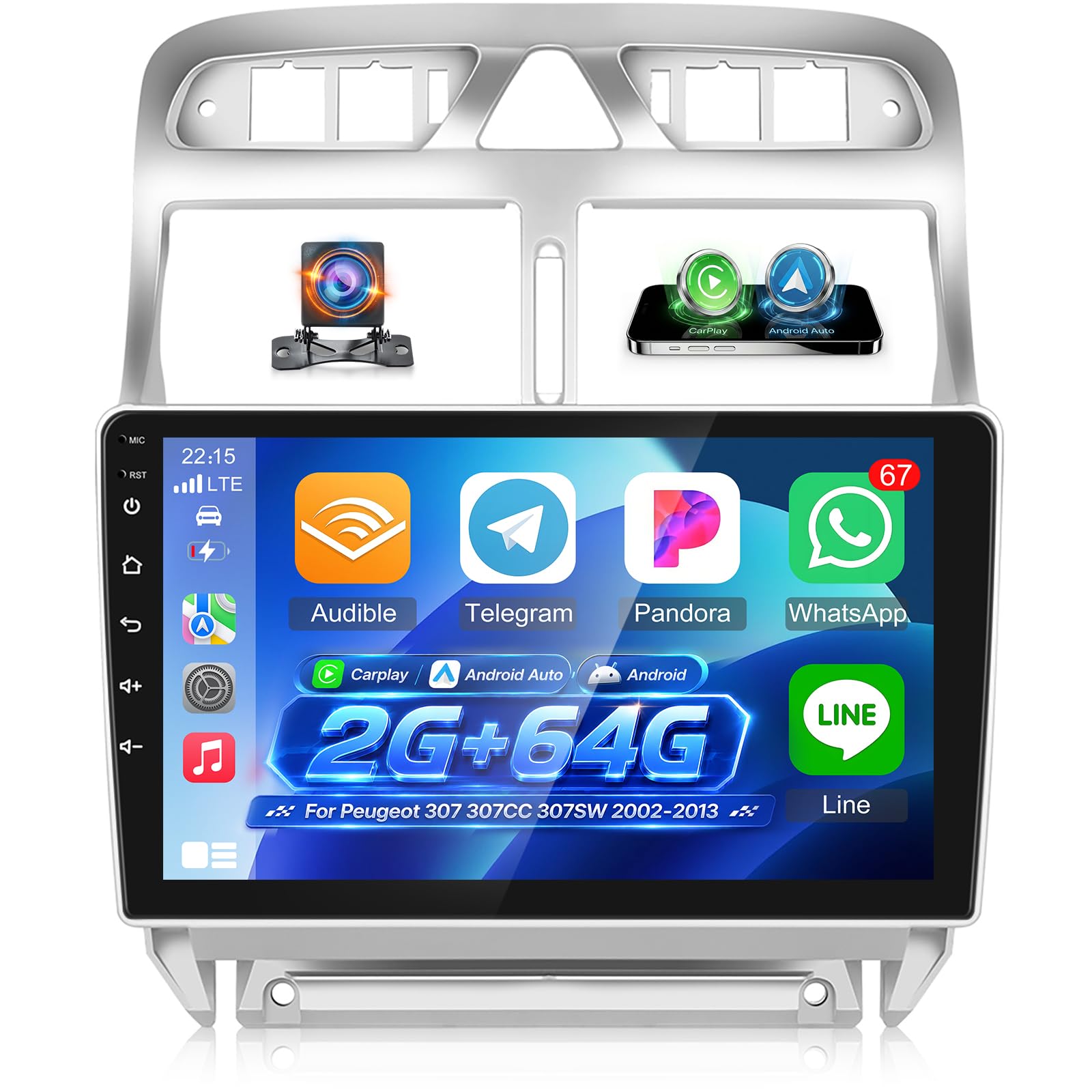 Radio de Coche para Peugeot 307 307CC 307SW 2002-2013, [2G+64G] Estéreo de Coche con 9 Pulgadas Pantalla Táctil Android con Wireless Carplay y Android Auto/Bluetooth/WiFi/Bluetooth/EQ/FM RDS Radio