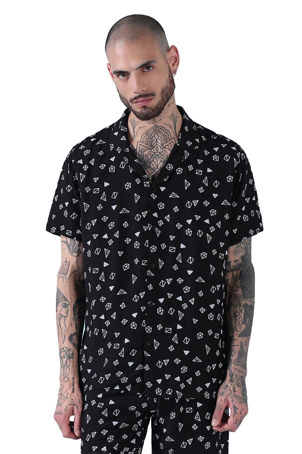 showoffff Edition Men's Black Printed Cuban Collar Relaxed Fit Co Ords Set-Timo-3007_Black-picture-10