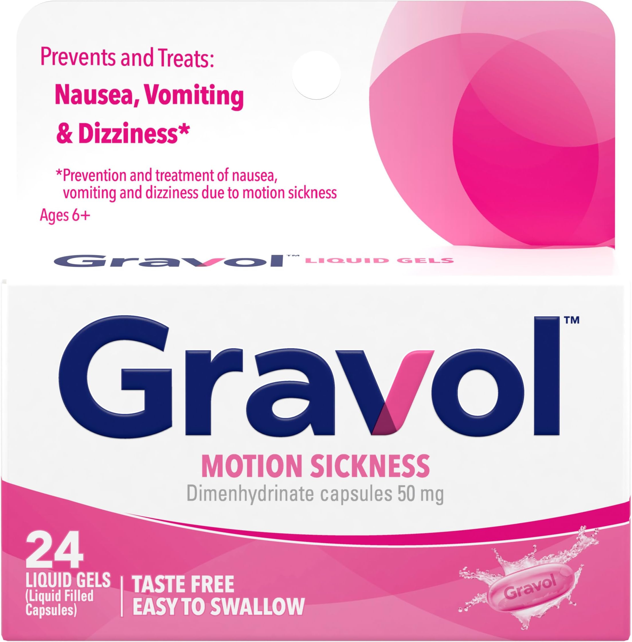Gravol Motion Sickness Relief and Nausea Prevention, Liquid Gel Capsules for Adults, Anti-Nausea Medication Travel Essentials, 50 mg, 24 Count