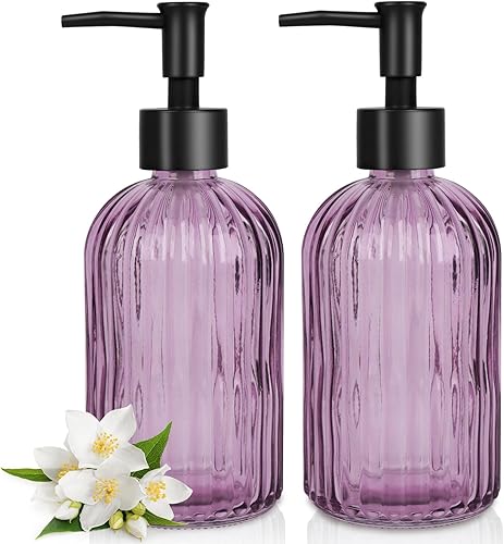 Paquete de 2 dispensadores de jabón de vidrio a rayas con bomba de plástico negro, dispensador de jabón líquido de manos de 13.5 fl oz, bomba a