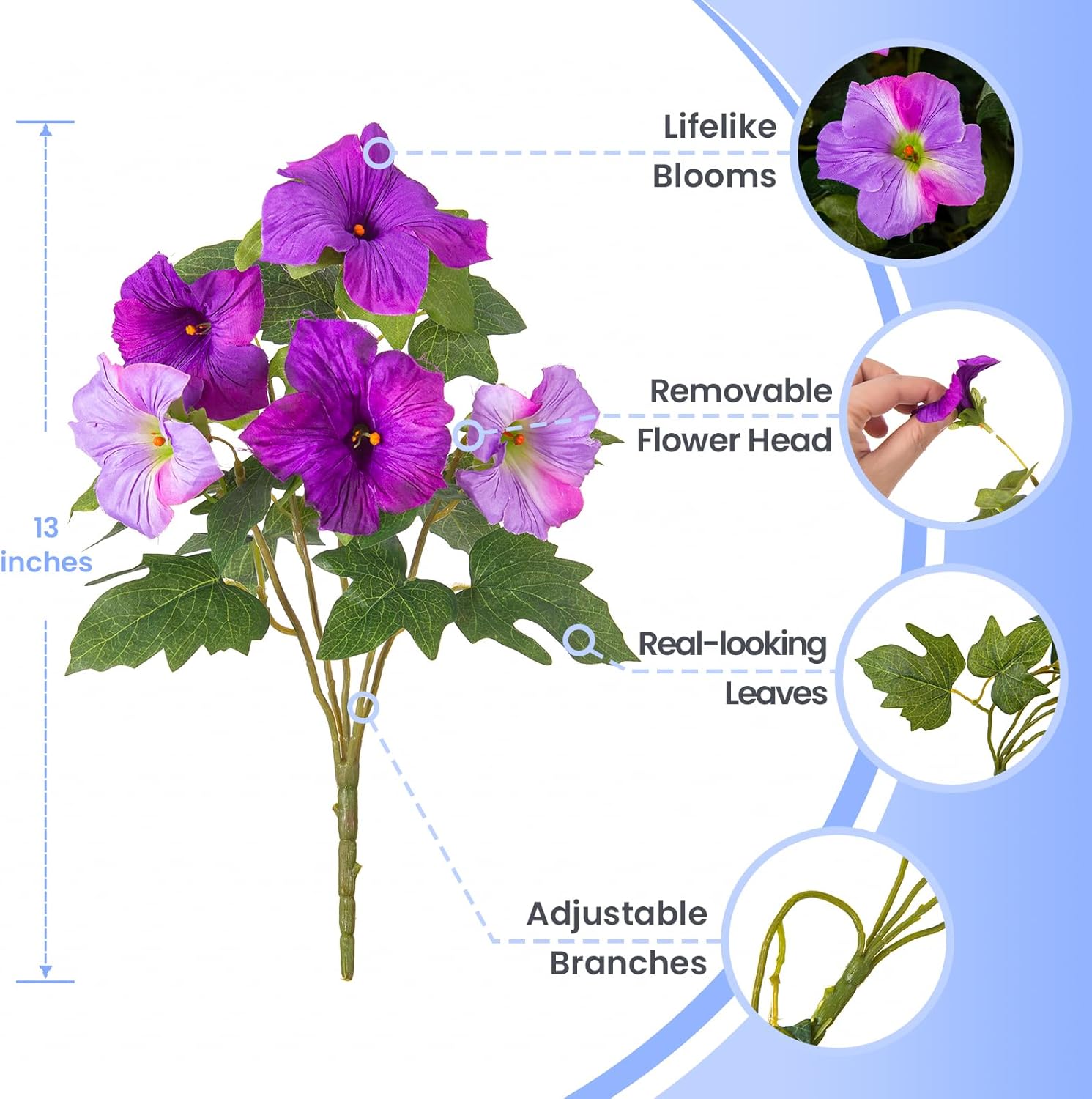 6 Pcs Artificial Petunia Flowers for Outdoor, Fake Spring Petunias Faux Silk Flowers for Outdoors UV Resistant Plants for Planters Garden Porch Patio Window Box Indoor Table Decor(Double Purple) - Image 3