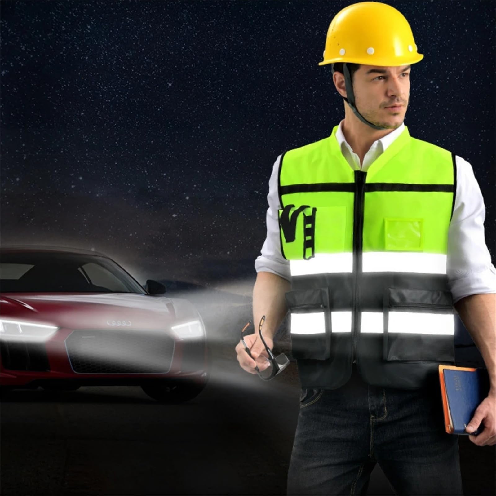 Chaleco Reflectante de Alta Visibilidad, Ropa Trabajo, Motociclismo, Deportes al Aire Libre, Seguridad, Chaqueta para la construcción, Trabajos al Aire Libre(L)