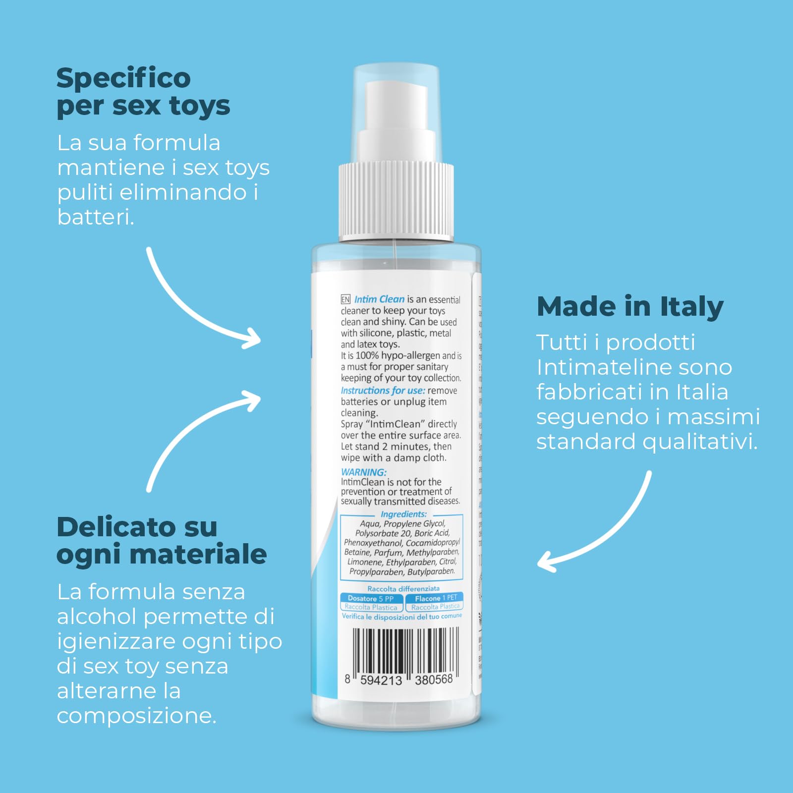 INTIMATELINE | Intim Clean, Sex Toy Cleaner - Detergente e Igienizzante Specifico per Sex Toys, 100% Ipoallergenico con Azione Antibatterica, Alcohol Free, 100 ml