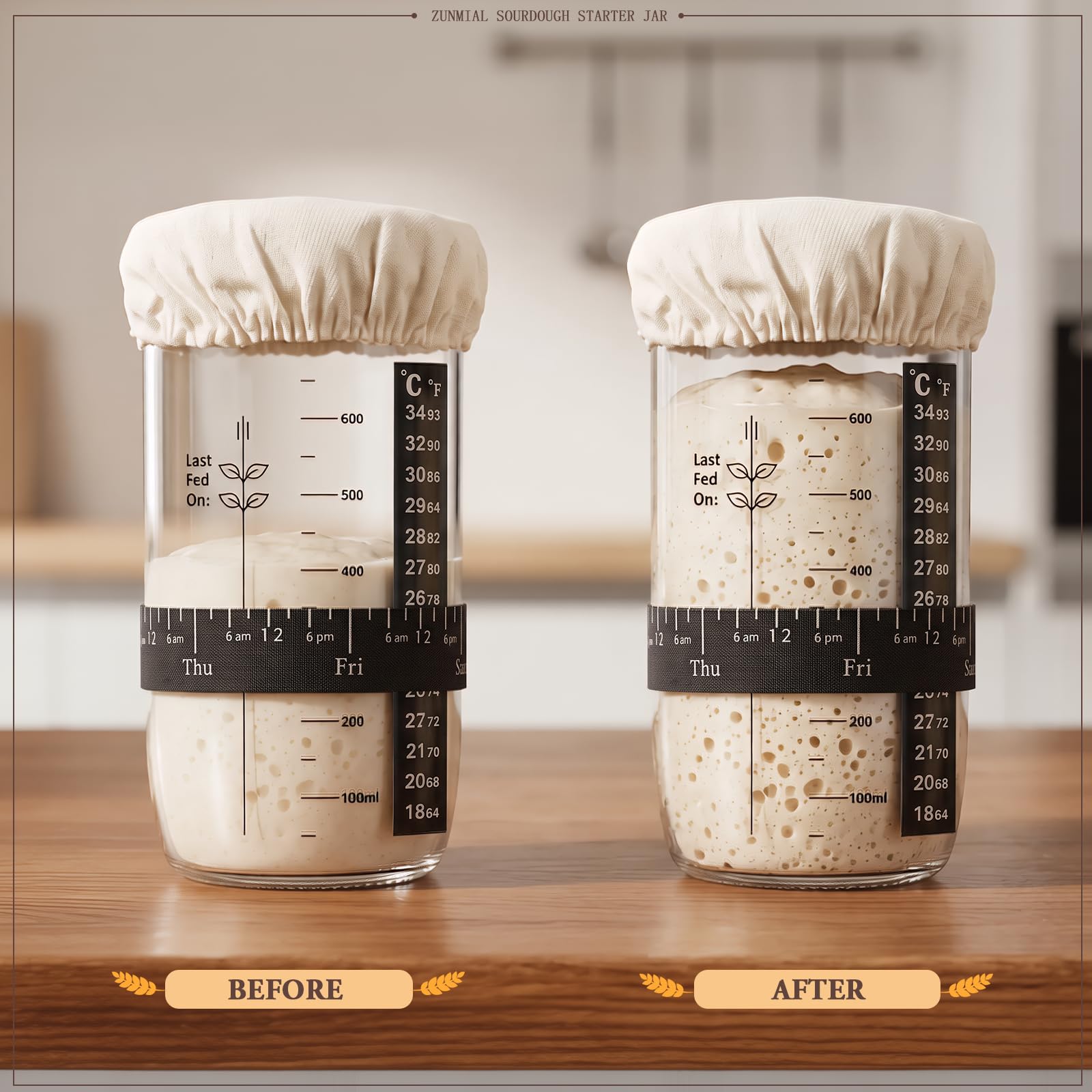 zunmial Sauerteig-Starterglas, 2-teiliges Sauerteig-Starter-Set mit Datumsmarkierung, Thermometer, Stoffabdeckung und Metalldeckel, wiederverwendbares Sauerteig-Brot-Backzubehör, Backzubehör für