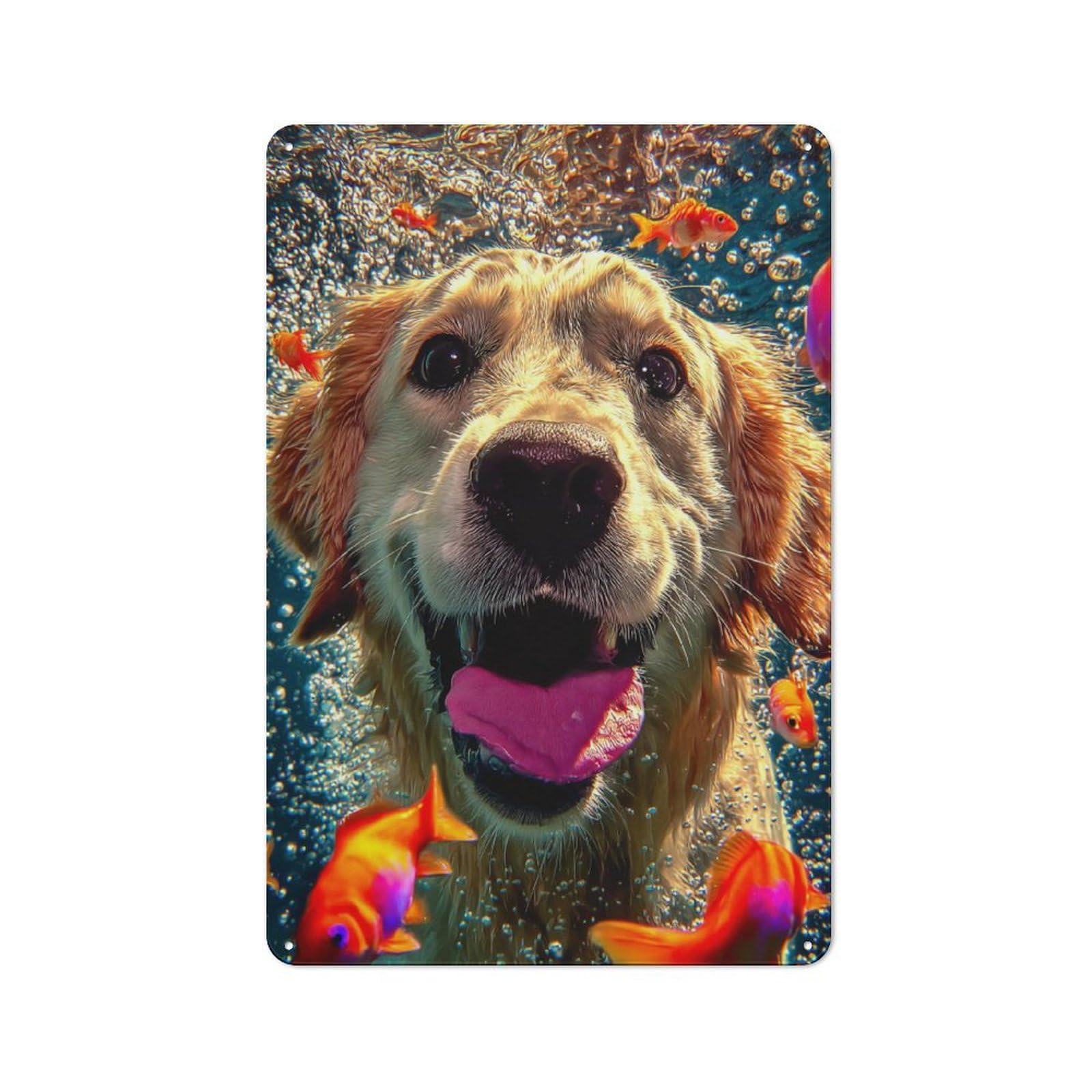Junmoney Underwater Adventure With Golden Retriever Classic Metal Plaque 30X20cm Featuring Bistro Wall Plaque For Kitchen, Cafe, Pantry Or Dining Room