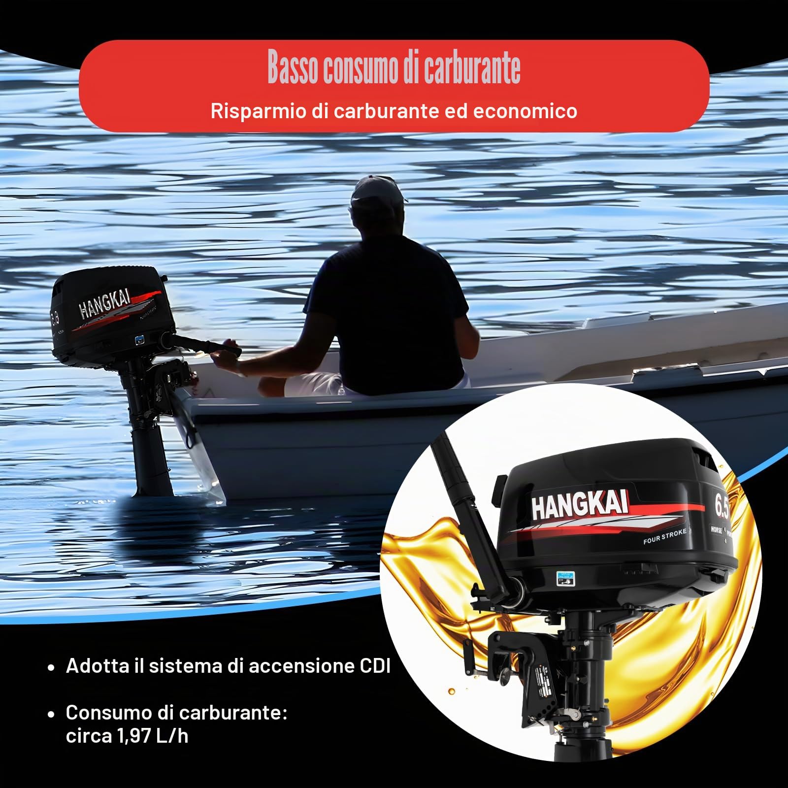 Motore fuoribordo a 4 tempi, 123 cc, 6,5 CV, 6000 giri/min, capacità serbatoio 12 l, raffreddato ad acqua, accensione CDI, avviamento manuale, motore fuoribordo per barche pneumatiche, barche da pesca