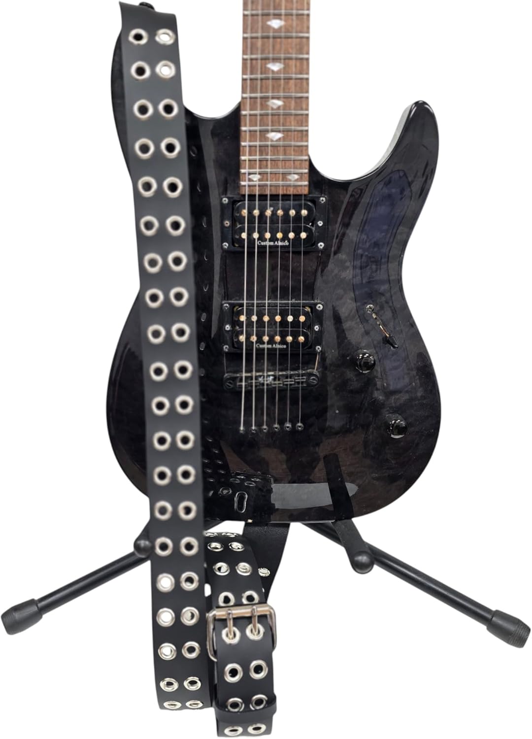 Funk Plus Grommet Eyelet Full Grain Leather Guitar Strap For Electric, Acoustic, and Bass Guitars Punk Goth Metal Influenced Style