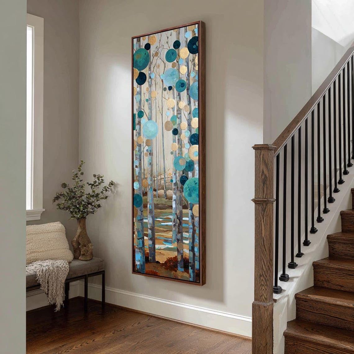 XINBAO Tall Birch Tree Forest Prints, Vertical Canvas Wall Art, Blue Gold Painting,Contemporary Zen Prints Horizontal Canvas(55x110cm/Frameless)
