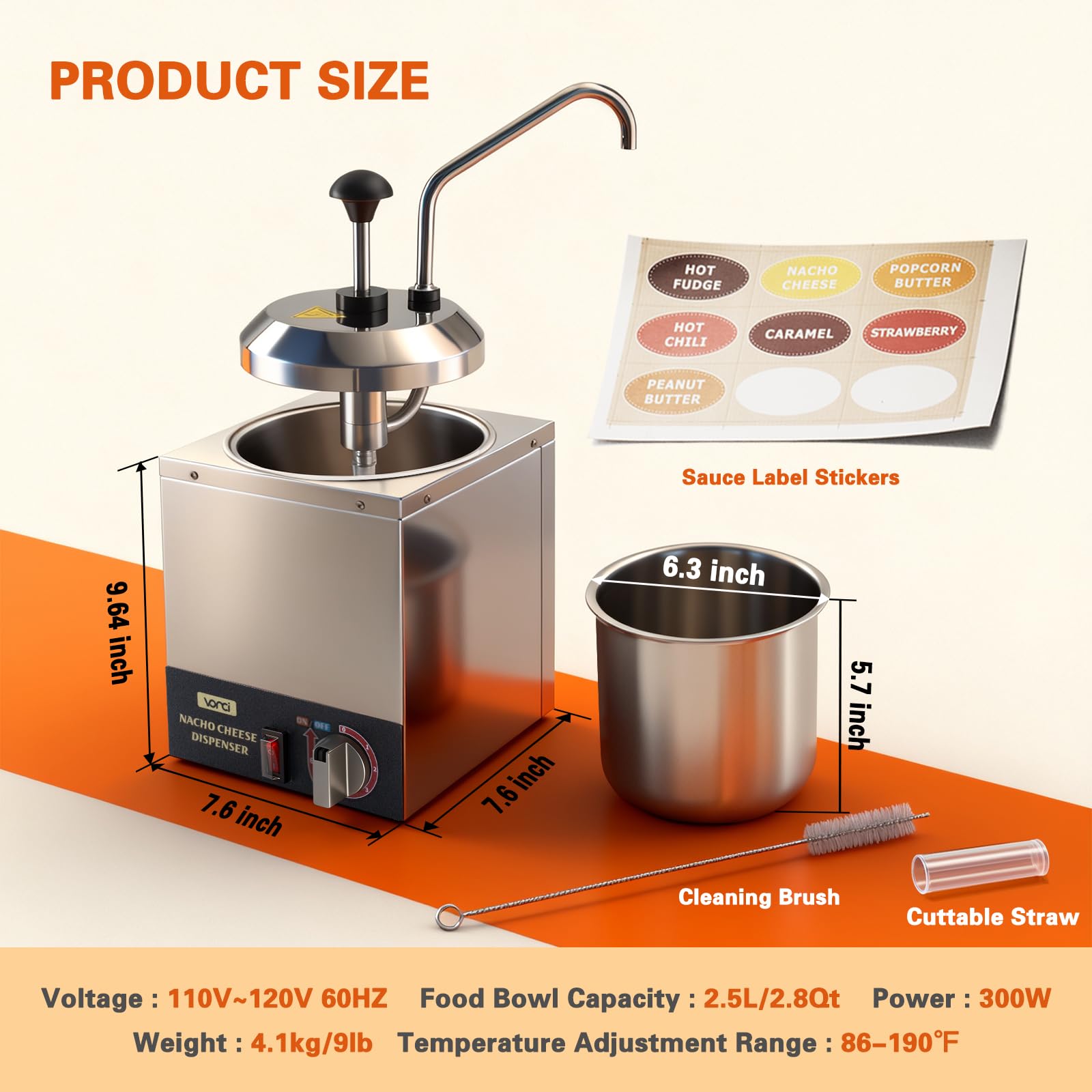 VONCI Dispensador de queso Nacho, calentador de queso Nacho de 2.8 cuartos de galón con bomba de acero inoxidable, dispensador de dulce caliente con control de temperatura de 6 niveles, dispensador de