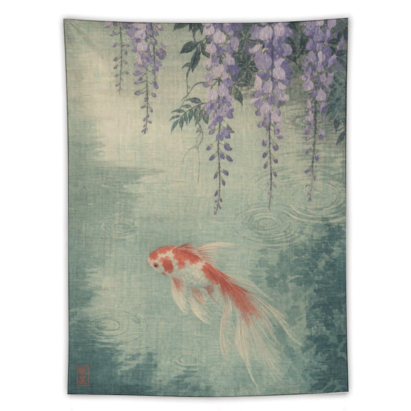 H3B8U2Y5 Red White Koi Fish Wall Tapestry, Ukiyo-e, Soft Asian Watercolor