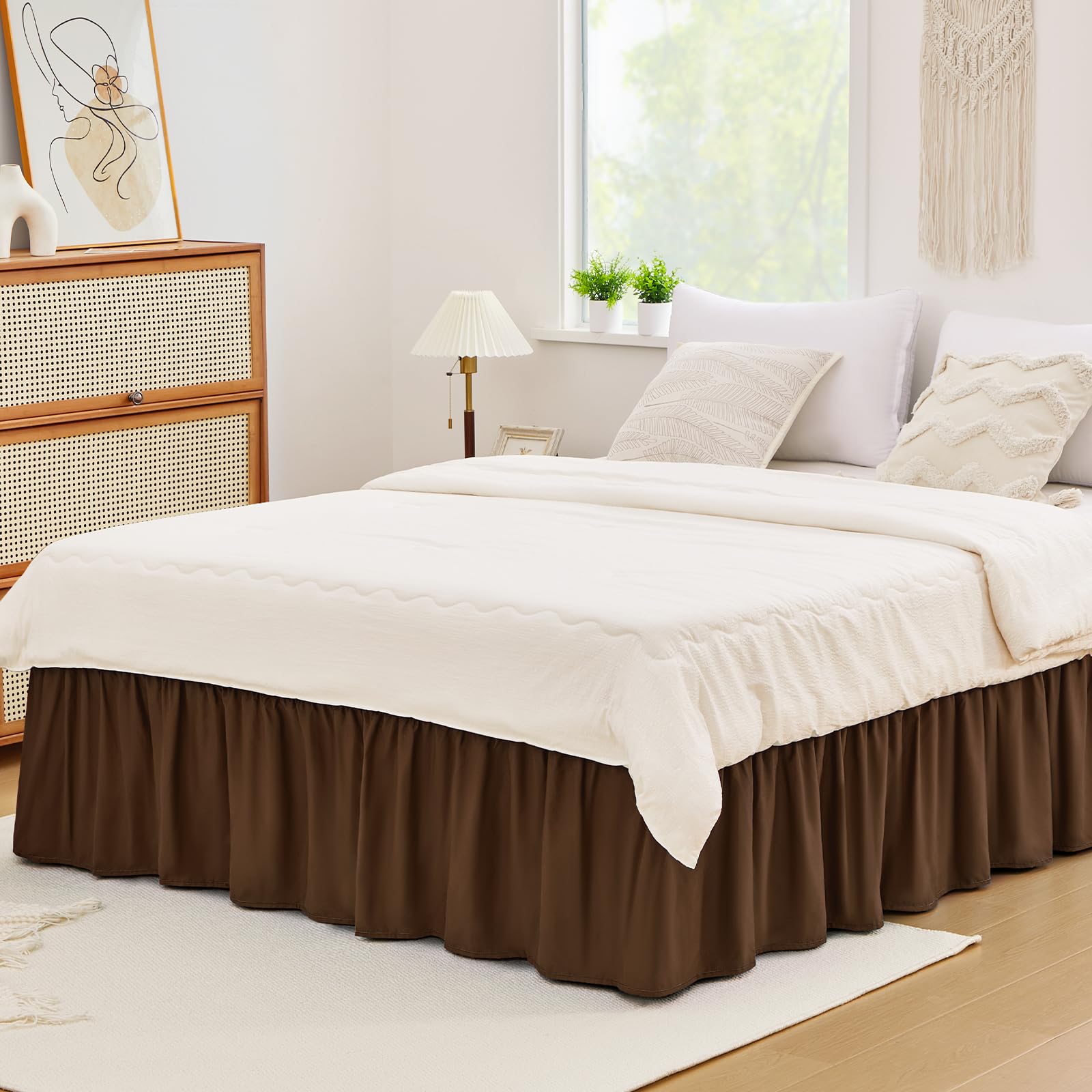 Vocander Valance Sheet Double Size Chocolate Brown, Bed Skirt Pleated Wrap Around 135 × 190 cm for King Beds, Easy to Install Machine Washable