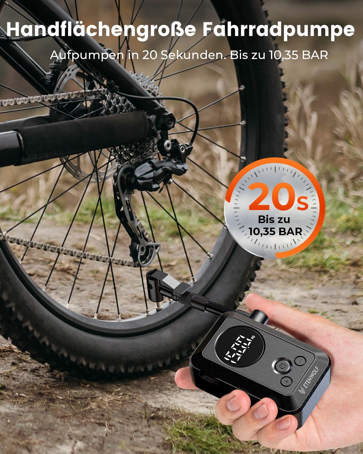 ETENWOLF Elektrische Fahrradpumpe,10,34 BAR Tragbare Reifenpumpe mit Presta und Schrader Ventil für Mountainbike,Rennrad,Motorrad,Ball,Schnellbefüllung&Auto-Stopp Luftpumpe mit Manometer (Schwarz)