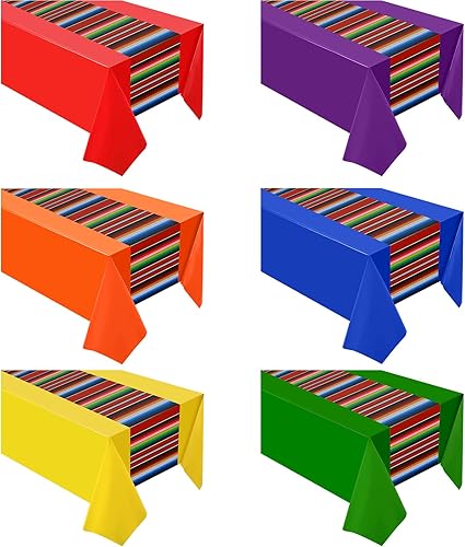 Miniatura 8 de Oudain 6 manteles de plástico de 108 x 54 pulgadas, impermeables, a rayas mexicanas, para fiestas nocturnas de tacos, fiestas mexicanas, bodas