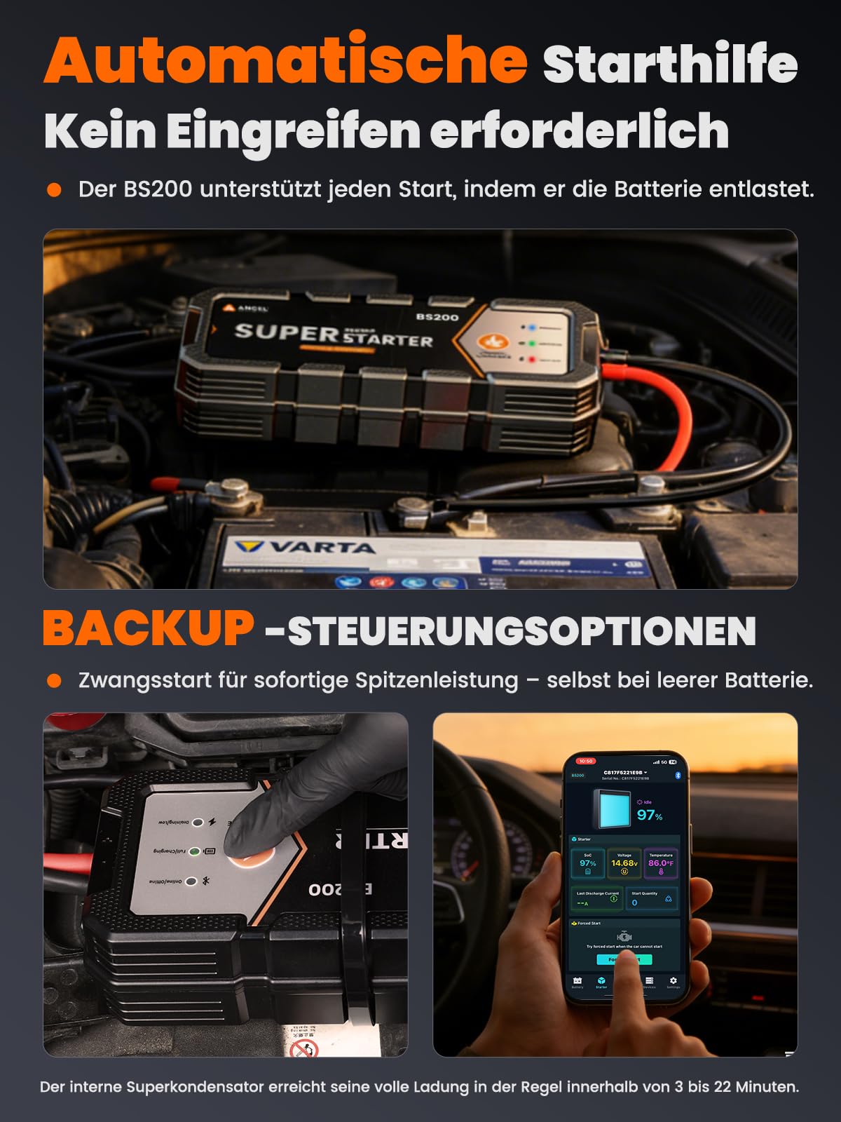 ANCEL BS200 Smart Jump Starter Power Pack – Tester automatico per batteria auto e Jump Pack con super condensatore, booster wireless e app esclusiva per il monitoraggio della batteria per veicoli da