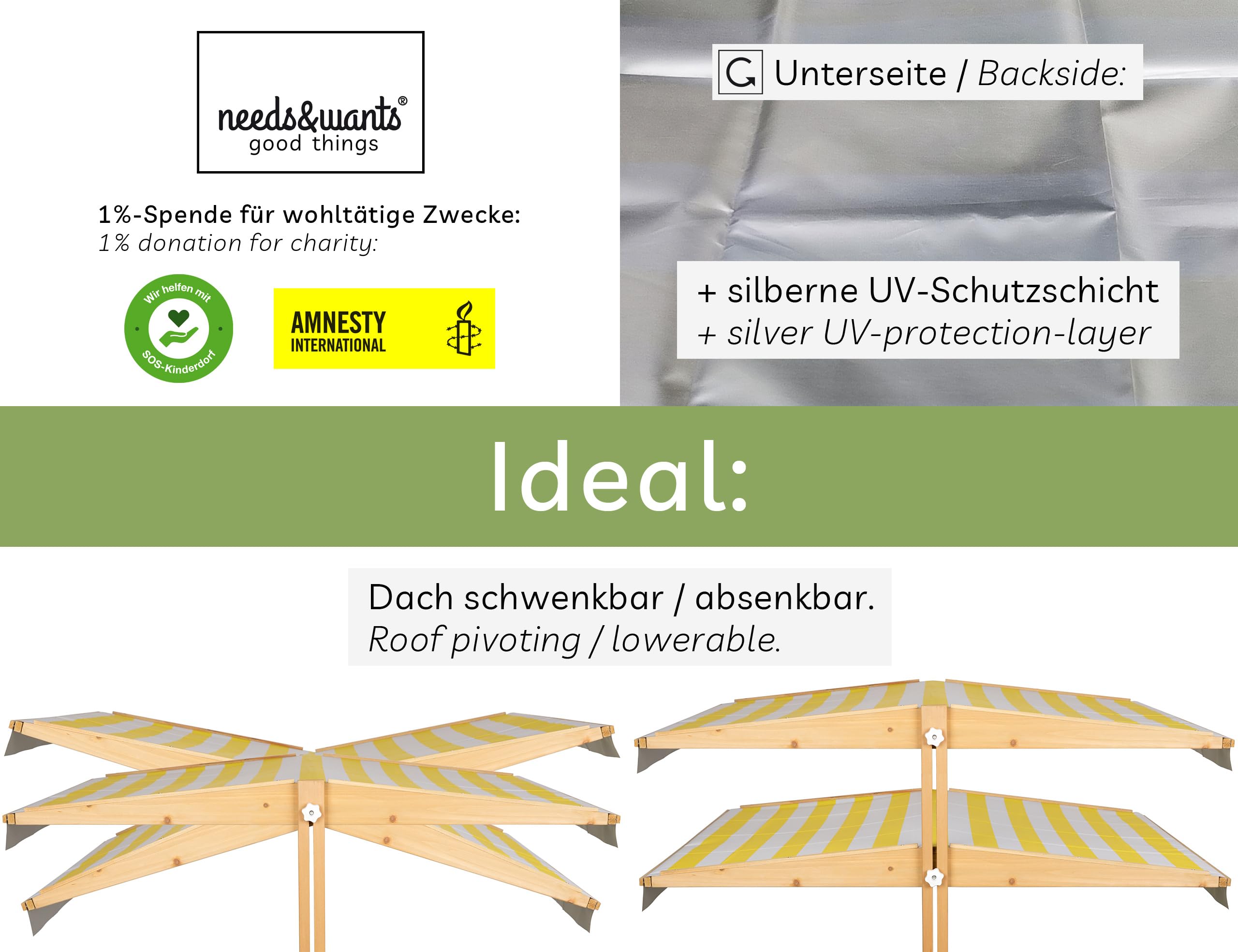needs&wants® Sandkasten mit Dach Sitzbank und Boden Vlies-Folie, mit Abdeckung Oxford 600D, Sandkiste Holz rechteckig mit Bänken Outdoor Garten Kinder UV-Sonnenschutz, 113x113x113 cm, gelb weiß braun