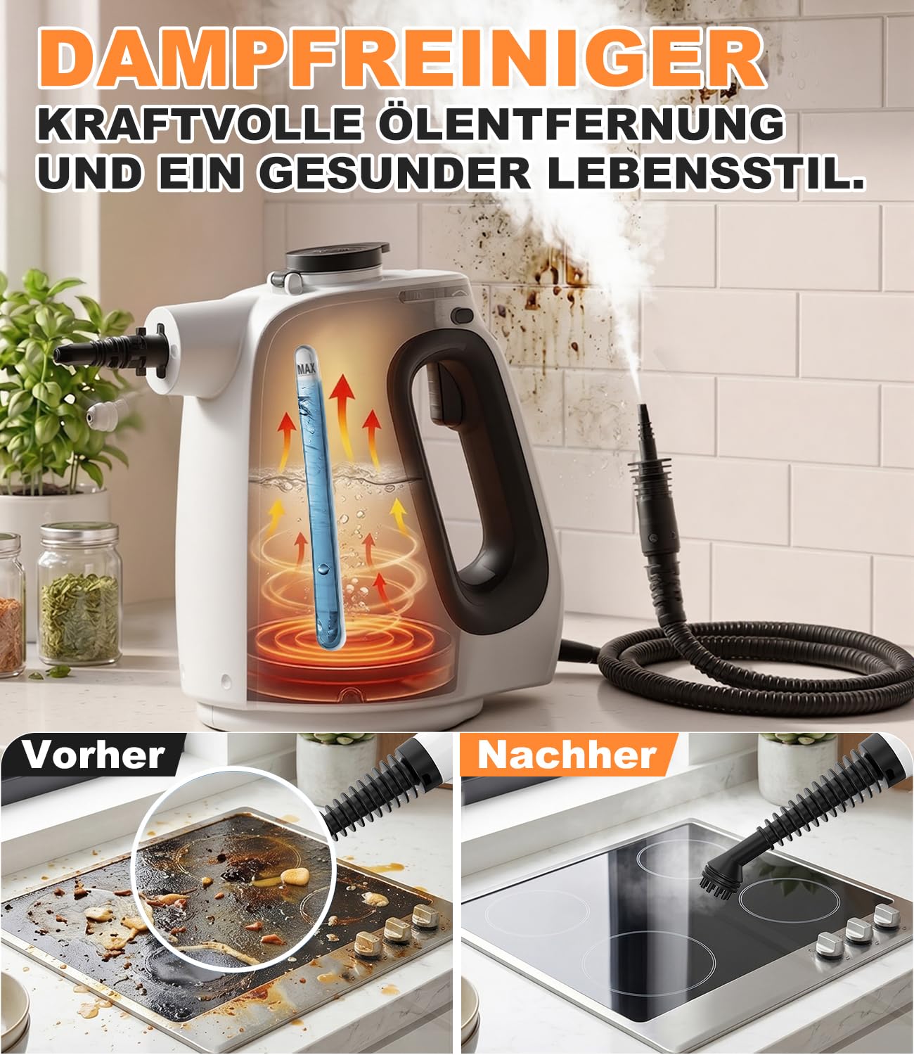 10 in 1 Dampfreiniger Handgerät, 3 bar Handdampfreiniger, 1350W Dampfreiniger für Alles, 15s Aufheizzeit, 550ml Sichtbarer Wassertank,10 teiligem Zubehör für Böden, Küche, Fenstern, Auto