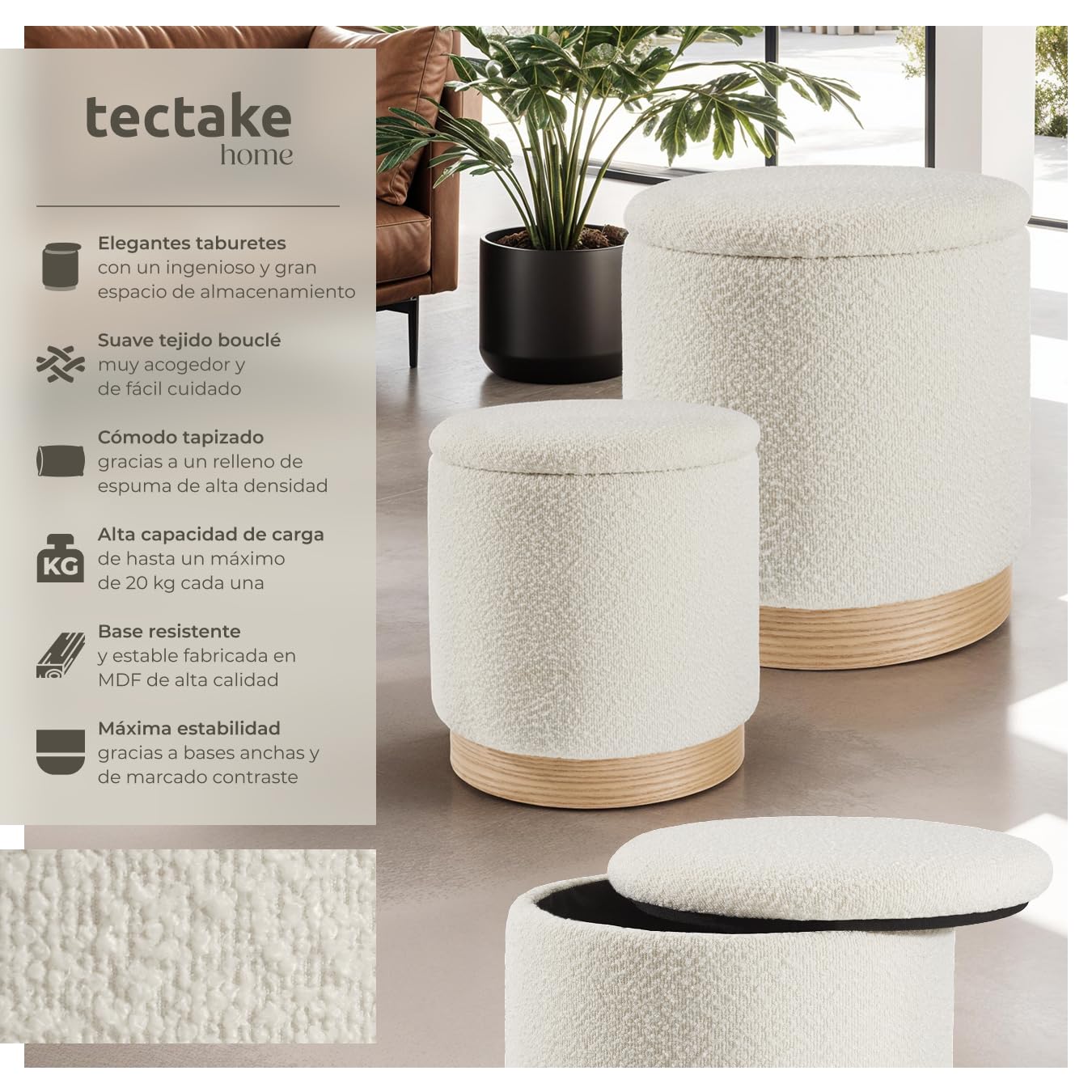 tectake® Taburete Grande y Pequeño, 2 Taburetes Acogedores y Apilables, Tela Bouclé, Escandinavo, Carga 120 kg, MDF, Gran Puff Salon Almacenaje para Hogar, Pequeño Zapatero Entrada Recibidor - Crema