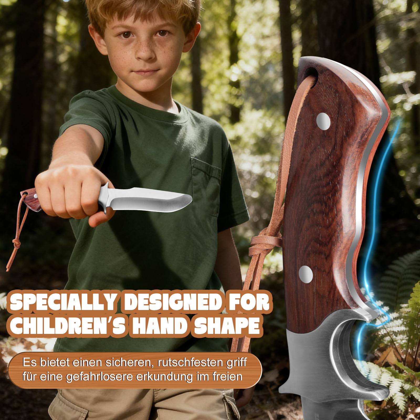 Coltello da intaglio per bambini, punta arrotondata, lama non affilata da 10 cm in acciaio 3Cr13MoV, full tang, per campeggio, con manico in legno e fodero in pelle.