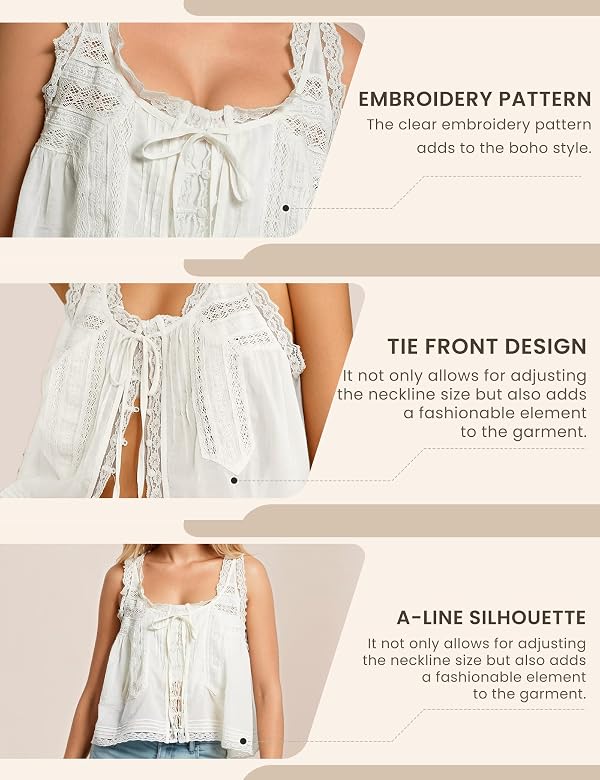 Summer Boho Lace Tie Front Tank Tops Sleeveless Button Flowy Crop Y2K Tops by FUNTOUR - Used condition - Image 5